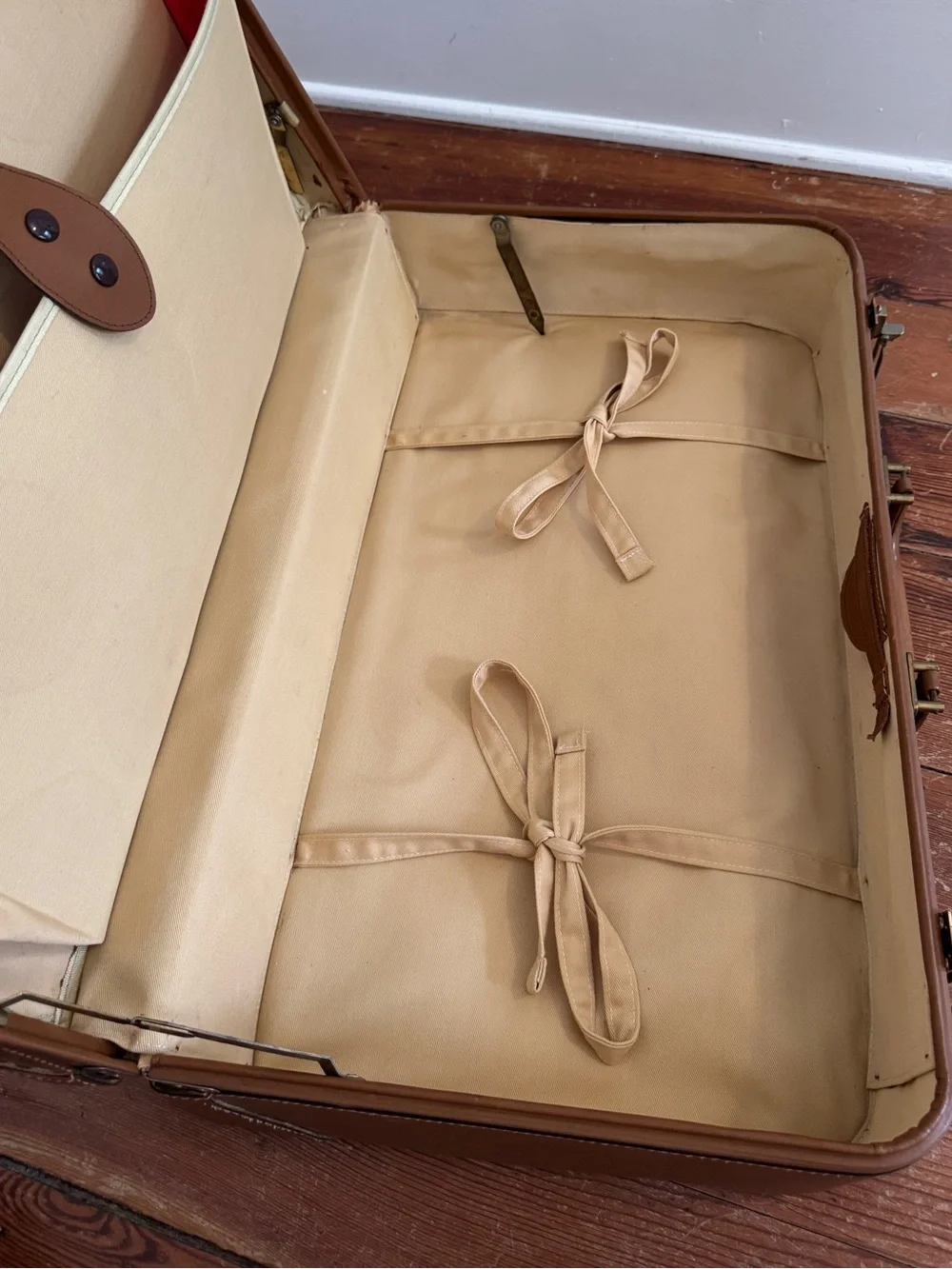 Vintage 60's Brooks Brothers Tan Leather Fabric Suitcase Luggage Combination